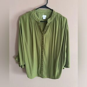 Chico's Green 3/4 Sleeve Relaxed Blouse with Mandarin Collar